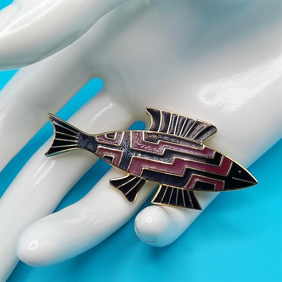Vintage Laurel Burch Fish Brooch, Cloisonné Enamel Black Brown, Gold Plated 1980 - Picture 4 of 10
